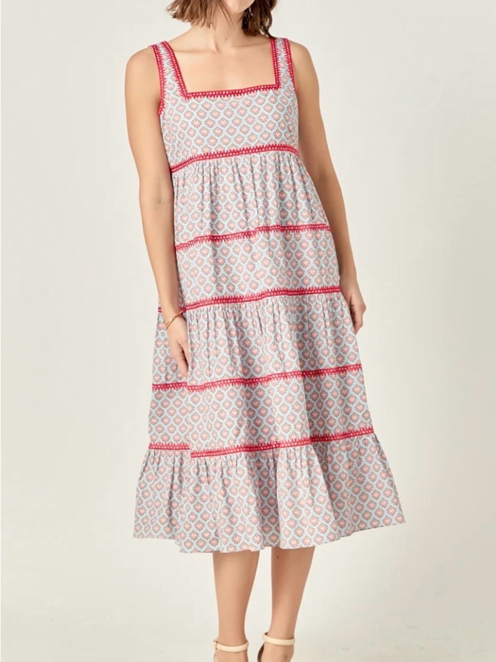 Square-Neck Pink Patterned Tiered Midi Dress